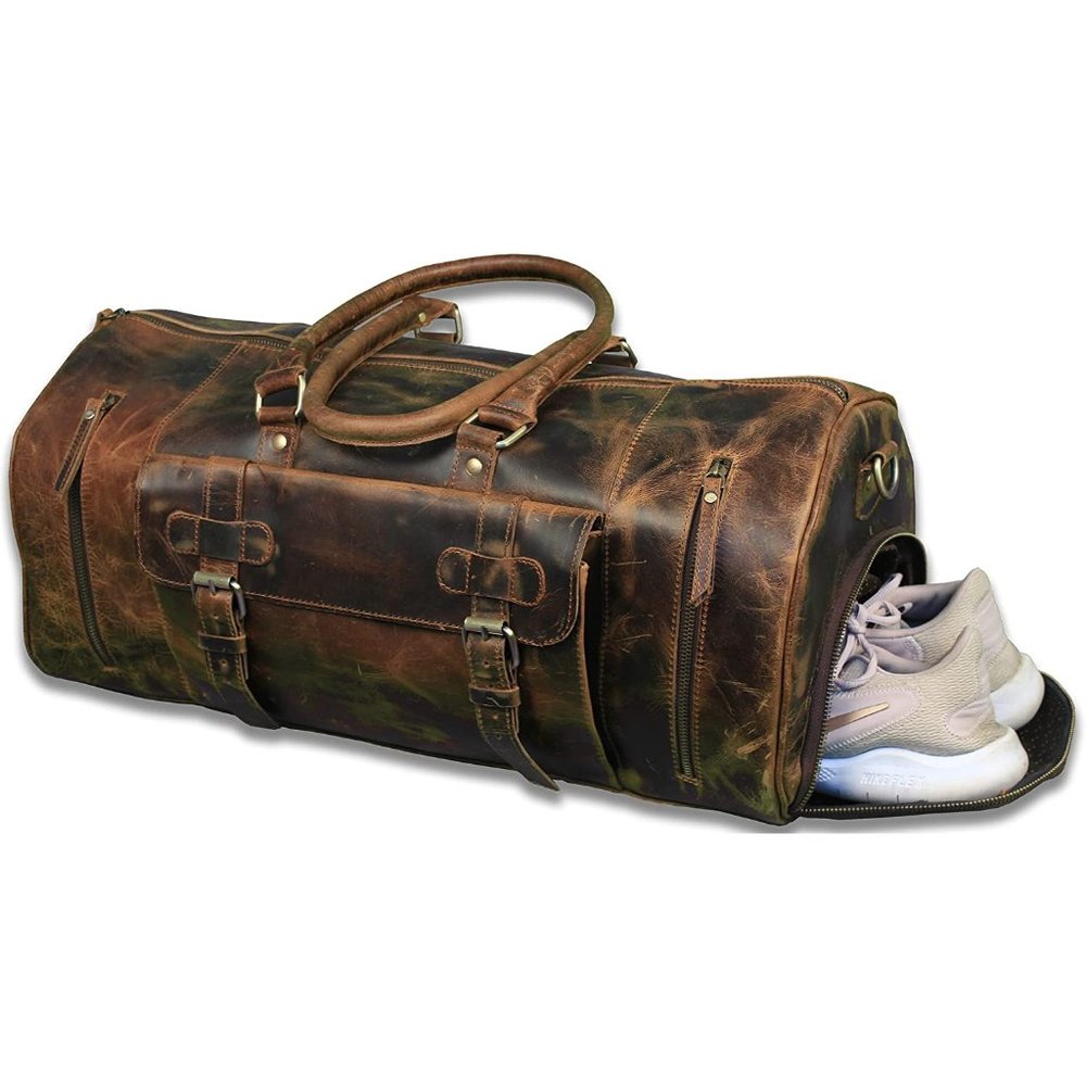 Full Grain Buffalo Leather Duffle Bag - Travel Bag - Overnight Weekender Bag